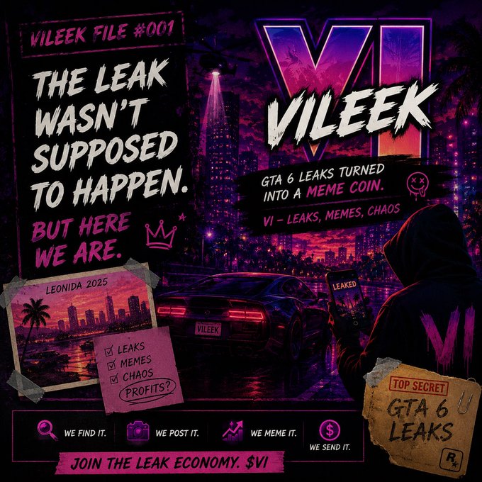 A purple neon promotional graphic for 'VILEEK' describing GTA 6 leaks turned into a meme coin, with text 'THE LEAK WASN'T SUPPOSED TO HAPPEN. BUT HERE WE ARE.'