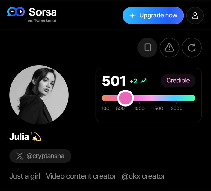 The image displays a Sorsa (ex. TweetScout) profile card for Julia (@cryptansha), showing a credibility score of 501 with a +2 upward trend, labeled as "Credible." The profile description reads "Just a girl | Video content creator | @okx creator," supporting the post's announcement of achieving Credible status on Sorsa and being open to paid partnerships.