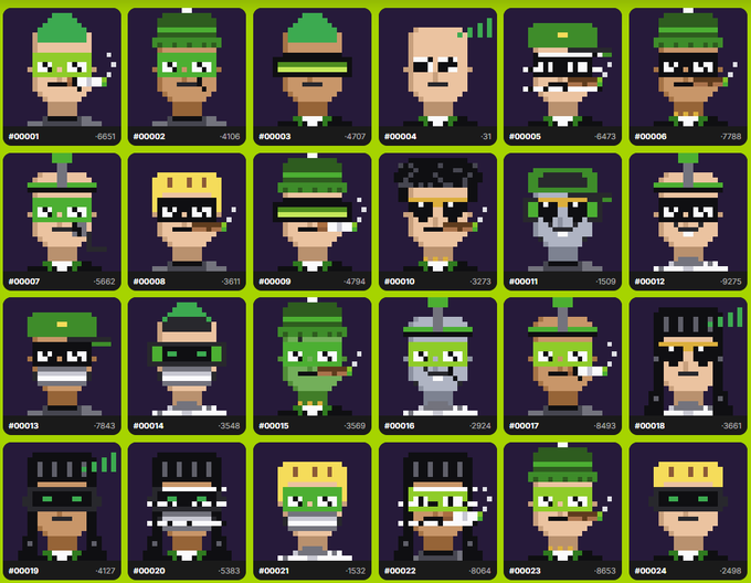 A grid displays 24 pixel-art character avatars, mostly wearing green hats and masks, numbered #00001 through #00024 with corresponding numerical values below each.