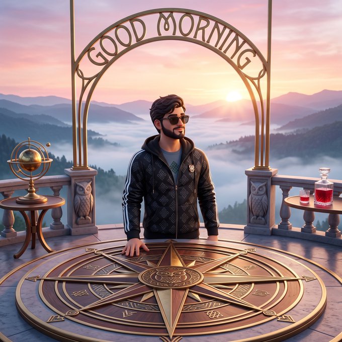 Digital illustration of a bearded man in sunglasses and a designer hoodie standing on an ornate compass-patterned balcony at sunrise, with 'GOOD MORNING' displayed on an arch above him.