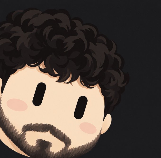 A minimalist cartoon-style avatar illustration of a person featuring black curly hair, simple oval eyes, rosy cheeks, and a beard against a dark background.