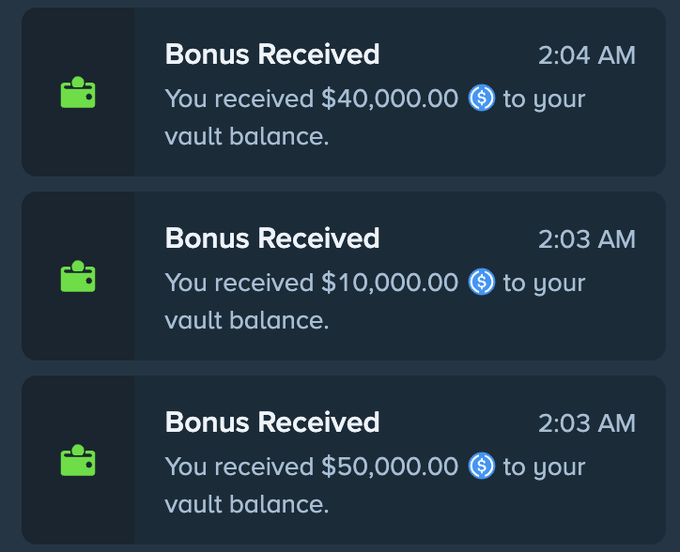 Three notifications showing consecutive "Bonus Received" deposits of $50,000, $10,000, and $40,000 (totaling $100,000) credited to a vault balance, suggesting winners from a flash giveaway promotion.