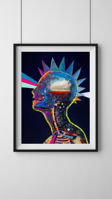 A framed artistic illustration of a human profile silhouette with a spiky colorful crown, shown hanging against a light gray wall.