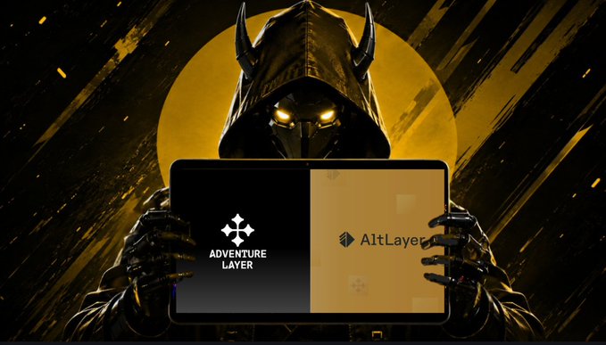 A hooded, glowing-eyed figure holding a tablet displaying 'ADVENTURE LAYER' and 'AltLayer' logos against a yellow circular background.