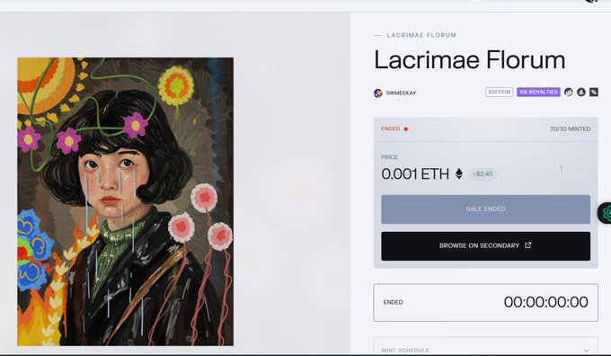 A digital artwork titled "Lacrimae Florum" by SIRMESKAY sold out completely (30/30) at 0.001 ETH on the RE.ROYALTIES edition, now available on secondary markets. The colorful portrait depicts a tearful girl with flowers in her hair surrounded by vibrant floral elements, reflecting the artwork's Latin name meaning "Tears of Flowers."