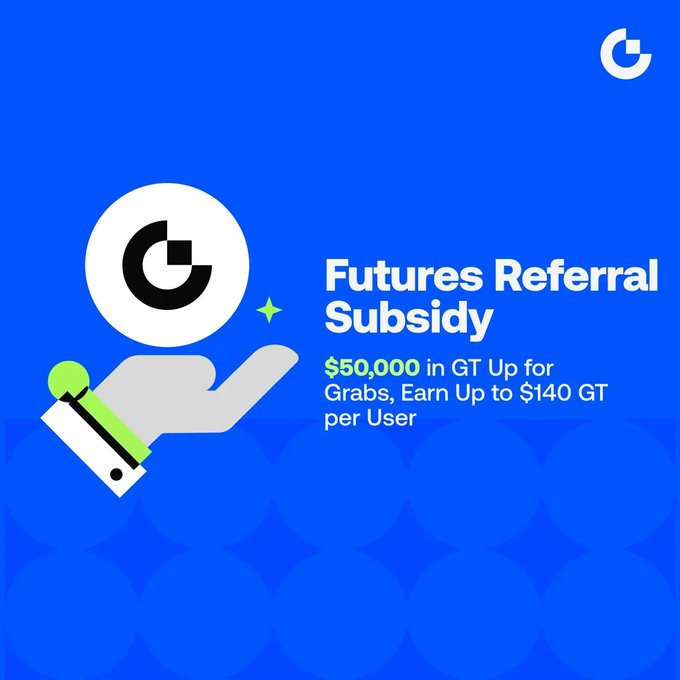 The image is a promotional graphic for the "Futures Referral Subsidy" program, featuring the Grayscale (G) logo and a hand holding a coin icon against a blue background. It highlights a $50,000 GT reward pool, with up to $140 GT in subsidies per user, directly supporting the post's call to invite friends to trade futures and earn referral bonuses.