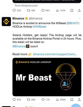 A Binance tweet from @binance announces an MrBeast ($BEAST) HODLer Airdrop with token distribution on Binance Airdrop Portal in 24 hours and listing on Binance, aligning with the post's claim of MrBeast's $BEAST listing and presale announcement.