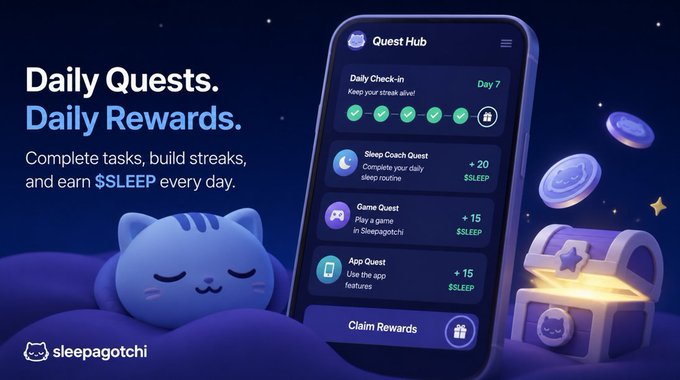 A promotional mobile app screen for 'sleepagotchi' featuring a cute cat mascot, a Quest Hub interface showing daily quests for Daily Check-In, Sleep Coach Quest, Game Quest, and App Quest with $SLEEP token rewards.