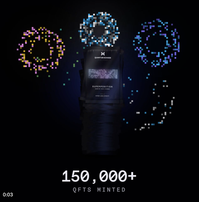 A dark promotional graphic for "Quantum Echoes" displaying pixelated circular icons and a central black package labeled "SUPERPOSITION," with text at the bottom reading "150,000+ QFTS MINTED."