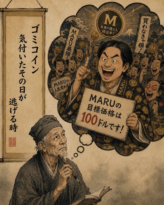 A Japanese-style woodblock print illustration depicting an elderly man smoking a pipe, with a thought bubble showing a manic figure holding a sign reading "MARUの目標価格は100ドルです!" (MARU's target price is $100!).