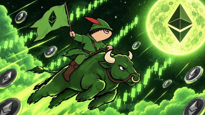 An anime-style illustration shows a Robin Hood-like character in green riding a green bull, holding an Ethereum flag with a large moon and Ethereum logo in the background amid falling coins.
