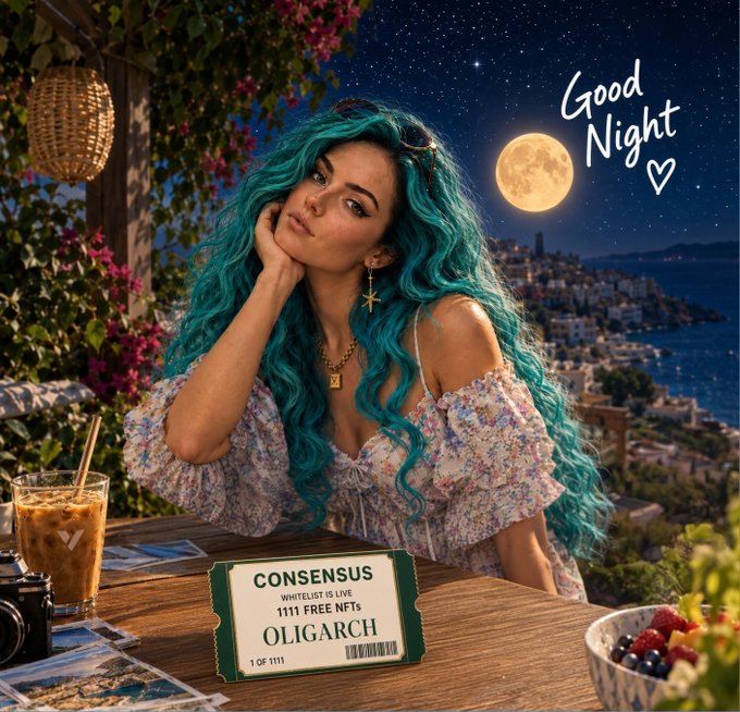 A promotional-style image showing a woman with teal hair at a table with a moonlit coastal scene behind her, labeled 'Good Night' with text reading 'CONSENSUS WHITELIST IS LIVE 1111 FREE NFTs OLIGARCH 1 OF 1111'.