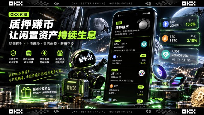 An OKX advertisement in Chinese for their '闪赚' (Flash Earn) crypto lending/earning product, showing yields for ETH (10.6%), BTC (2.18%), and USDT.