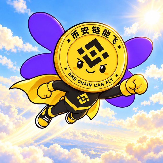 A cartoon mascot of BNB Coin wearing a superhero outfit with purple wings and a yellow cape flying through clouds, with Chinese text '币安链能飞' and the slogan 'BNB CHAIN CAN FLY'.