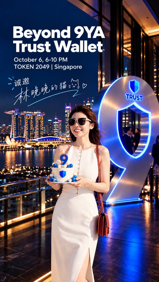 A woman in a white dress and sunglasses holds a "9" birthday cake with the Trust Wallet logo at the "Beyond 9YA Trust Wallet" event on October 6, 6-10 PM at TOKEN 2049 Singapore, with an invitation to "林晚晚的猫♡" written in Chinese. The image celebrates Trust Wallet's 9th anniversary and appears to feature "Wawa," the Web3 figure mentioned in the caption, who brings a more responsible, traditional background to the space rather than typical Web3 recklessness.