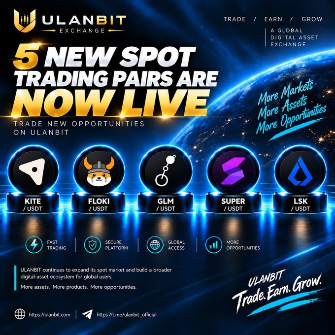 A promotional graphic from ULANBIT EXCHANGE announcing 5 new spot trading pairs (KITE, FLOKI, GLM, SUPER, LSK against USDT) now live.