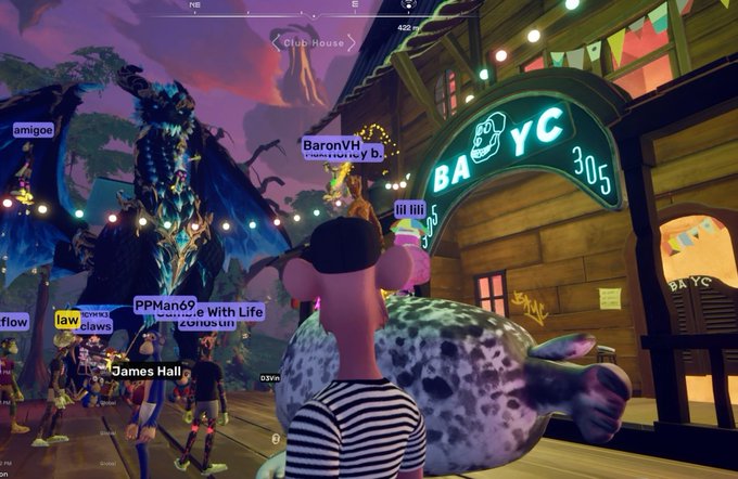 A screenshot from a virtual reality social game shows cartoon avatars in a colorful outdoor venue labeled 'BA YC 305' with username tags floating above characters.