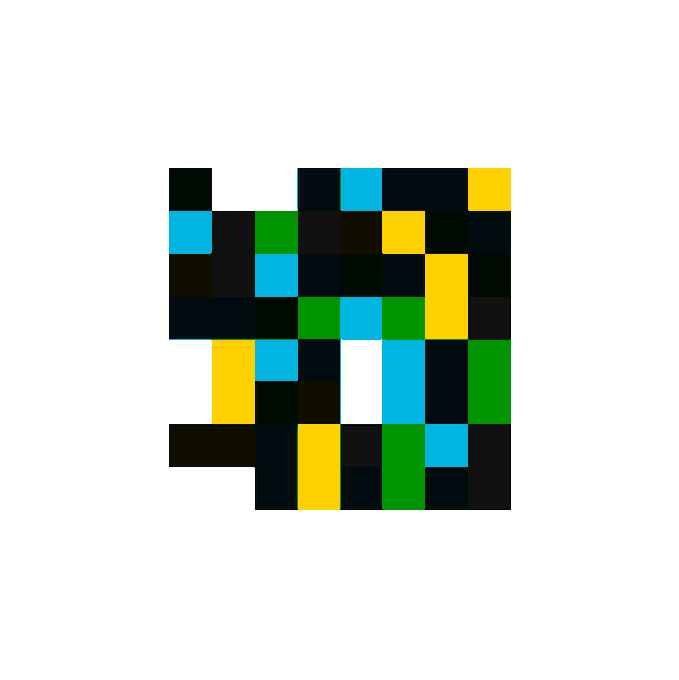 A pixelated, abstract grid of colored squares in shades of black, teal, green, yellow, and white, resembling a digital artwork or NFT, which the poster claims to have received as a return on a small investment through XMoney. The minimalist, randomized design embodies the speculative nature of NFTs, with its uncertain visual value mirroring the unpredictable worth of digital collectibles in the current market.