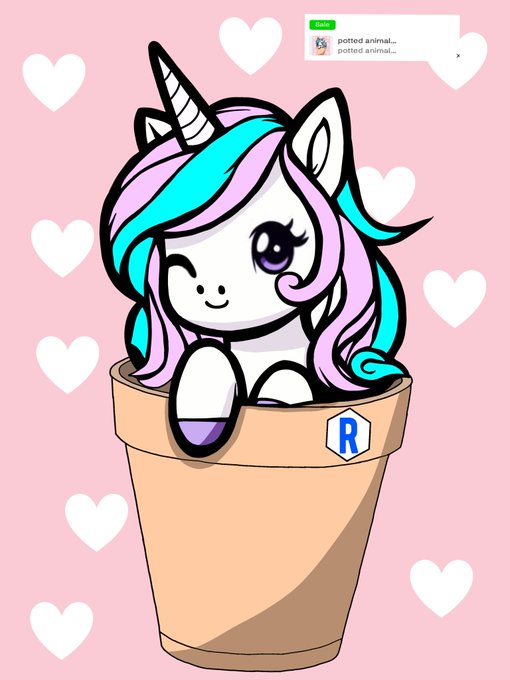 A cute cartoon unicorn with pink and teal mane peeks out of a potted plant, set against a pink background with white hearts and the text "potted animal..." displayed near the top. The playful artwork visually embodies the "potted animal" theme referenced in the sold listing, promoting the remaining 6 editions available at 1.5 XTZ on objkt.com.
