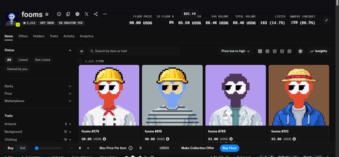 The image shows a page from the Fomo NFT collection on OpenSea, displaying 1,111 items with various pixel-art characters wearing hard hats and sunglasses, priced at 0.00 USD with a floor price of $85.50 and 14.7% listed (739 items). The featured NFT previews include "foomo #279," "foomo #515," "foomo #760," and "foomo #313," highlighting the limited supply collection mentioned in the post.