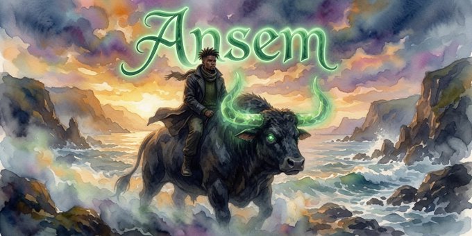 A fantasy illustration titled 'Ansem' depicting a man with spiky hair riding a black bull with glowing green horns through a stormy seascape at sunset.