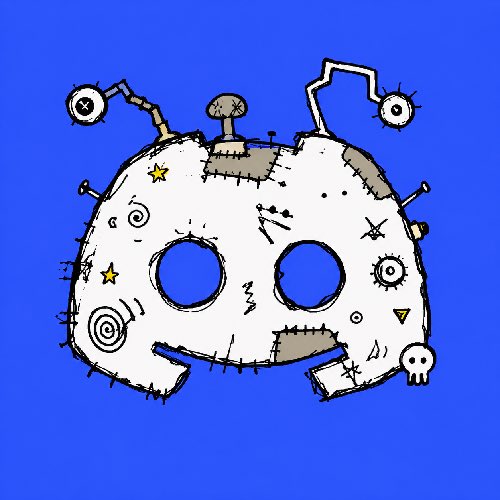 A cartoon drawing of a weathered white game controller on a blue background, featuring mismatched buttons, antenna-like protrusions with eyeballs, patches, stars, and a small skull icon.