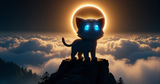A glowing cat with luminous blue eyes stands atop a mountain peak, silhouetted against a radiant solar eclipse rising above a sea of clouds. The image evokes "Eyes on the prize" through the cat's intense, focused gaze directed toward the viewer, symbolizing determination and unwavering focus on a goal.