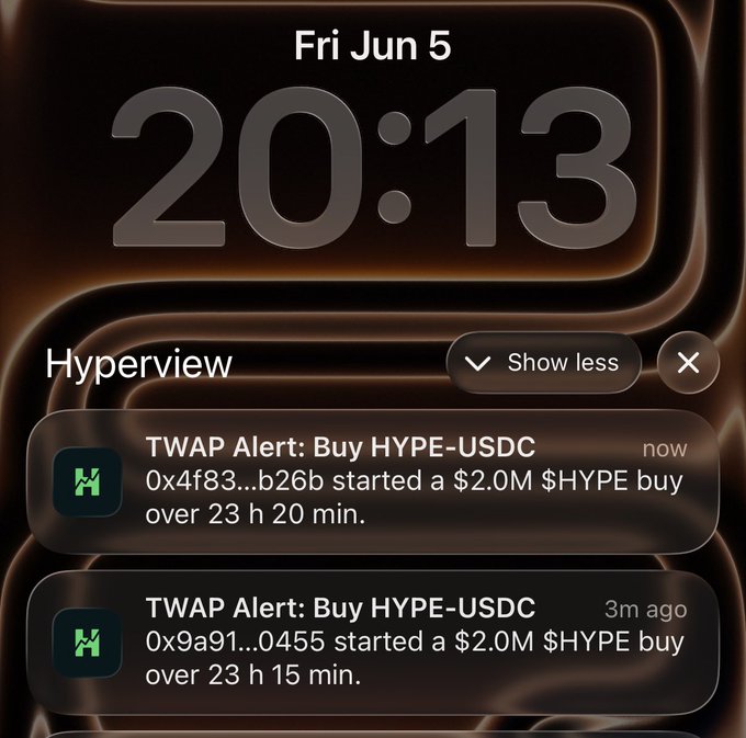 The image displays a screenshot of an iPhone screen showing an alert for TWAP and data on whether or not it has been triggered with a value of 0, meaning no transaction took place. The message also states that Hyper liquid has been trading since Nov 1, 2013 and shows two transactions: a buy for $2.00 million at the start of the month and another buy for $2.0 million almost 3 months ago now, which were triggered on June 5, 2013.