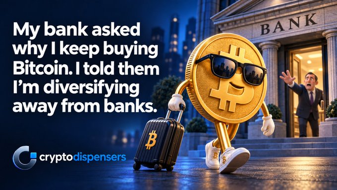 An advertisement for 'cryptodispensers' featuring a cartoon Bitcoin character wearing sunglasses and pulling a suitcase, with the joke text 'My bank asked why I keep buying Bitcoin. I told them I'm diversifying away from banks.' shown outside a bank building.
