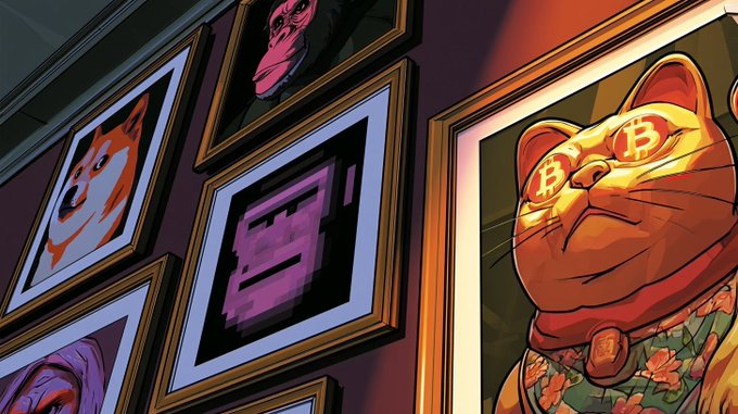 An illustrated image showing framed crypto-themed art on a wall, including a Shiba Inu, a pixelated character, and a large orange cat wearing Bitcoin-themed sunglasses and a red scarf.