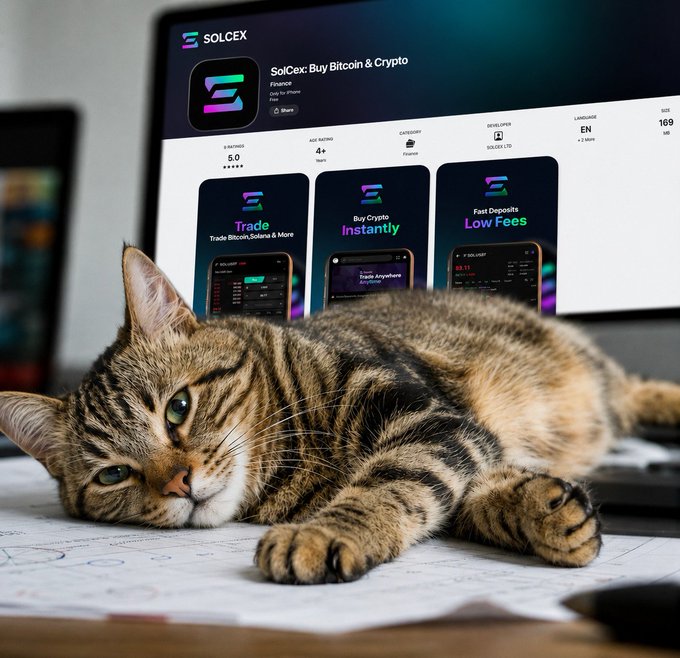 A relaxed tabby cat lounges on paperwork in front of a monitor displaying the SolCex app store page ("SolCex: Buy Bitcoin & Crypto"), perfectly embodying the post's "trade-sleep-chill-repeat" motto.