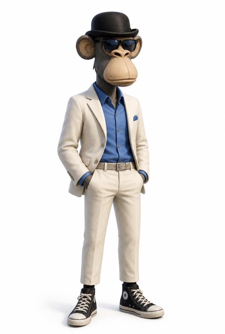 The image features a cartoon monkey dressed in a suit, standing against a white background with black shoes. The monkey appears to be wearing sunglasses and has a bowtie on its head. There are no texts or other objects present in the image. The focus is solely on the monkey's attire and pose.