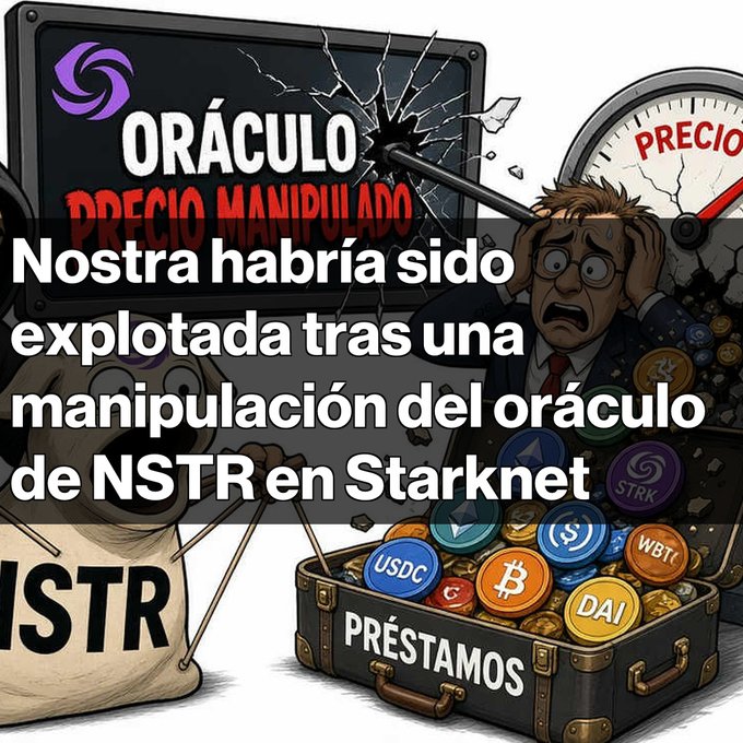 A Spanish-language crypto meme about Nostra (NSTR) shows the headline "Nostra habría sido explotada tras una manipulación del oráculo de NSTR en Starknet" with cartoon imagery of a broken screen, stressed man, and a treasure chest of coins.
