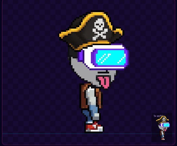 A pixel art character wearing a pirate hat with skull and crossbones, purple VR goggles with a checkmark display, and red sneakers, against a dark checkered background.