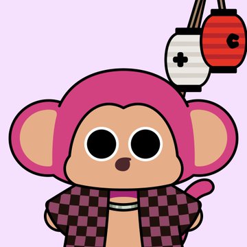 A cartoon monkey character with large black eyes wearing a pink hood and a black-and-pink checkered jacket, with a Japanese-style paper lantern in the background.
