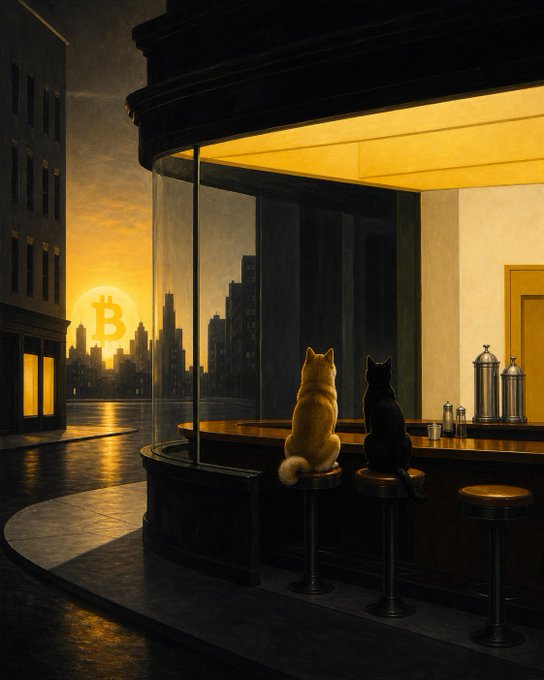 Two dogs sit at a diner counter, gazing out at a city skyline where the sun appears as a giant Bitcoin symbol. This evokes a sense of hope and a new dawn for cryptocurrency.
