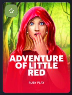 Mobile app icon or cover art for a game titled 'ADVENTURE OF LITTLE RED' by RUBY PLAY, depicting a surprised blonde girl in a red hooded cloak against a forest background.