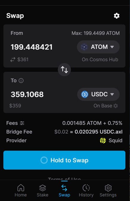 The image shows a cell phone screen with a chat window displaying a message from another person named @cosmos. The message is about an upcoming cryptocurrency exchange called @swap, which will allow users to trade different cryptocurrencies such as Bitcoin (BTC) and Etherum (ETH). One of the exchanges in the post states that the time has finally come for its users' paths to part due to the evolution and changes in the digital currency landscape. The screen also provides information about how to hold a stake, exit the exchange, and transfer funds securely between platforms with a user's permission.