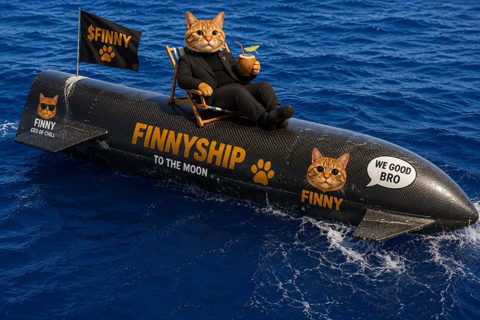 A humorous digital image showing an orange cat dressed in a suit, lounging in a deck chair on a rocket-like vessel labeled 'FINNYSHIP' with a '$FINNY' flag and 'TO THE MOON' text, floating on ocean water with a 'WE GOOD BRO' speech bubble.