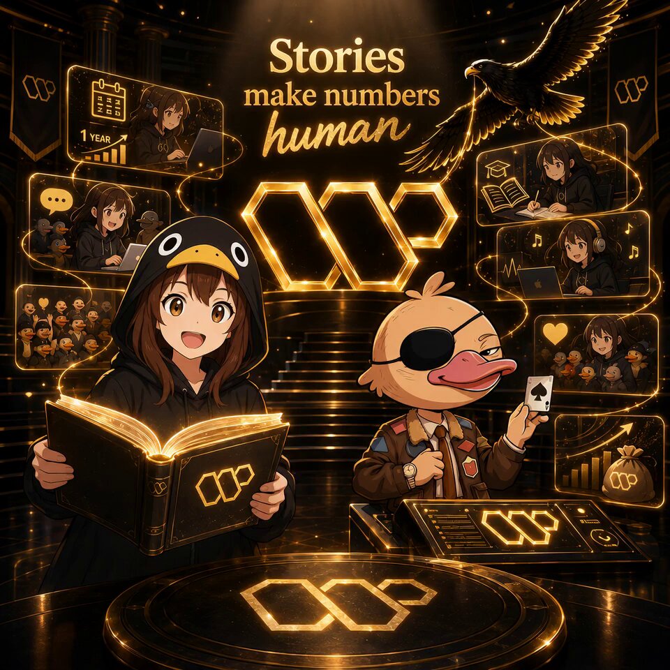 The image features two cartoon characters - one girl wearing a black hoodie holding an open book, and another character dressed as a duck with glasses standing next to her. The background of the image includes various other cartoon characters and numbers, creating a vibrant and colorful scene. The caption "One thing I am learning with @wallchain is that people support stories, not only numbers." emphasizes the importance of storytelling over numerical data in this context.
