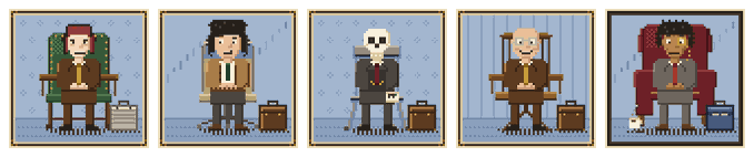 A pixel art strip showing five characters in suits, including a vampire, a regular man, a skeleton with a skull mask, an old man with a cane, and a lion-man, all with briefcases.
