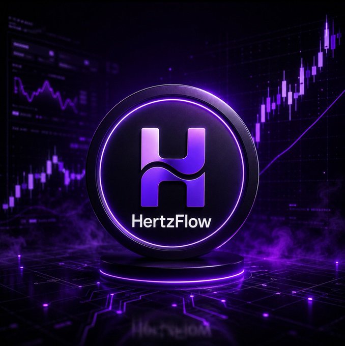 A glowing purple circular logo for 'HertzFlow' featuring a stylized 'H' symbol is displayed against a dark background with financial trading charts and candlestick graphs.