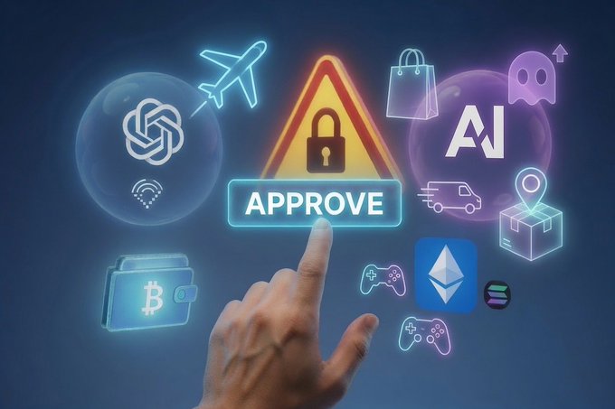 A hand reaches toward a glowing "APPROVE" button amidst a digital landscape of AI, crypto, and e-commerce icons, illustrating the process of using AI to execute blockchain transactions.