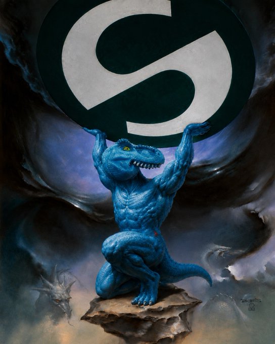 A fantasy-style digital painting of a muscular blue reptilian creature lifting a large circular emblem above its head, set against a cloudy, stormy background.