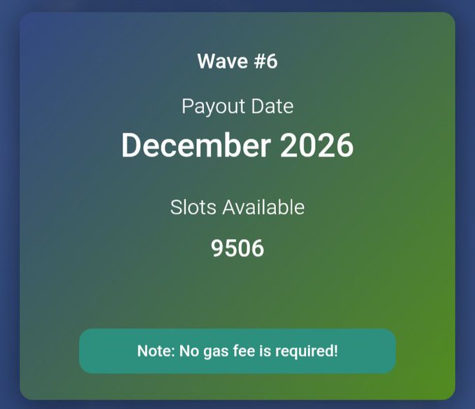 An informational graphic showing "Wave #6" withdrawal details with a payout date of December 2026, 9506 slots available, and a note that no gas fee is required, supporting the post's message about securing withdrawal slots for $ANC tokens.