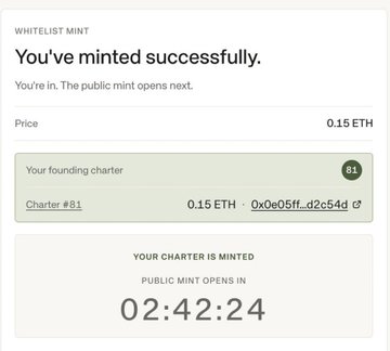 A confirmation screen from a "Whitelist Mint" showing a successful mint of "Charter #81" for 0.15 ETH (0x0e05ff...d2c54d), with a countdown indicating the public mint opens in 02:42:24, supporting the post about successfully minting a standard seat through special screening while skipping the rare whitelist process by buying secondary.