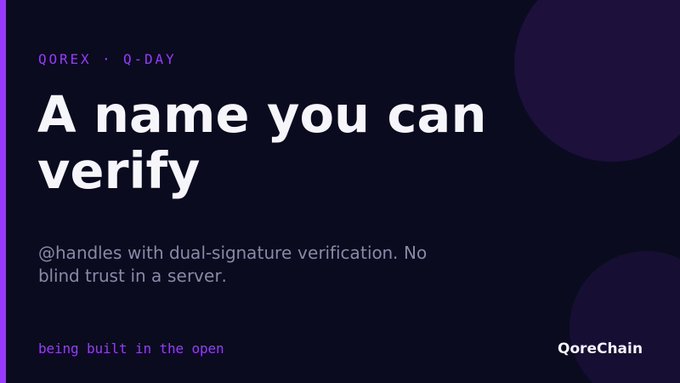 A dark promotional graphic for 'QoreChain' with the text 'A name you can verify', '@handles with dual-signature verification. No blind trust in a server.', and 'being built in the open'.