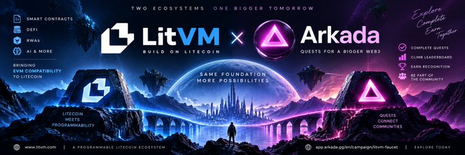 A promotional banner announcing a partnership between 'LitVM' and 'Arkada' under the text 'TWO ECOSYSTEMS ONE BIGGER TOMORROW', depicting a fantasy landscape.