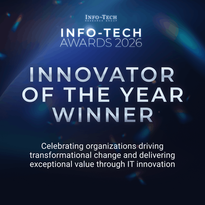 The image is a promotional graphic for the "Info-Tech Awards 2026" featuring the text "INNOVATOR OF THE YEAR WINNER" against a blue, bokeh-style background, with a tagline celebrating organizations driving transformational change through IT innovation. This visual accompanies tZERO's recognition as a 2026 Info-Tech Innovator of the Year Award Winner for its unified, tokenized cap table platform.