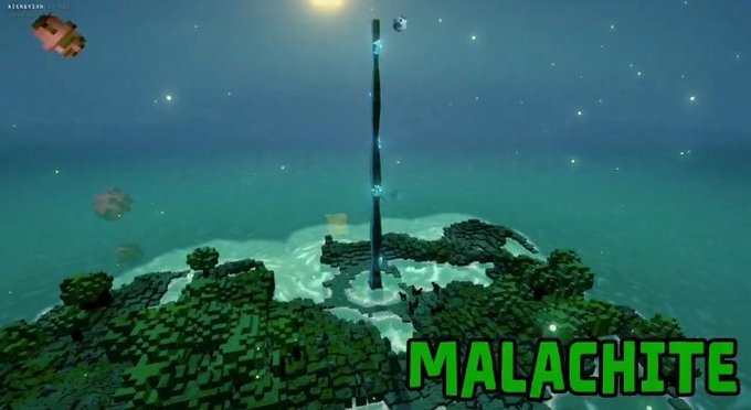 A Minecraft gameplay scene shows a tall black structure on an island at night, with the text 'MALACHITE' displayed in green letters in the corner.